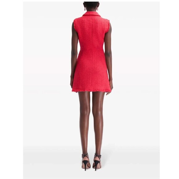 New Oscar de la Renta Red Button-embellished Frayed Wool-blend Tweed Mini Dress - Picture 6 of 17